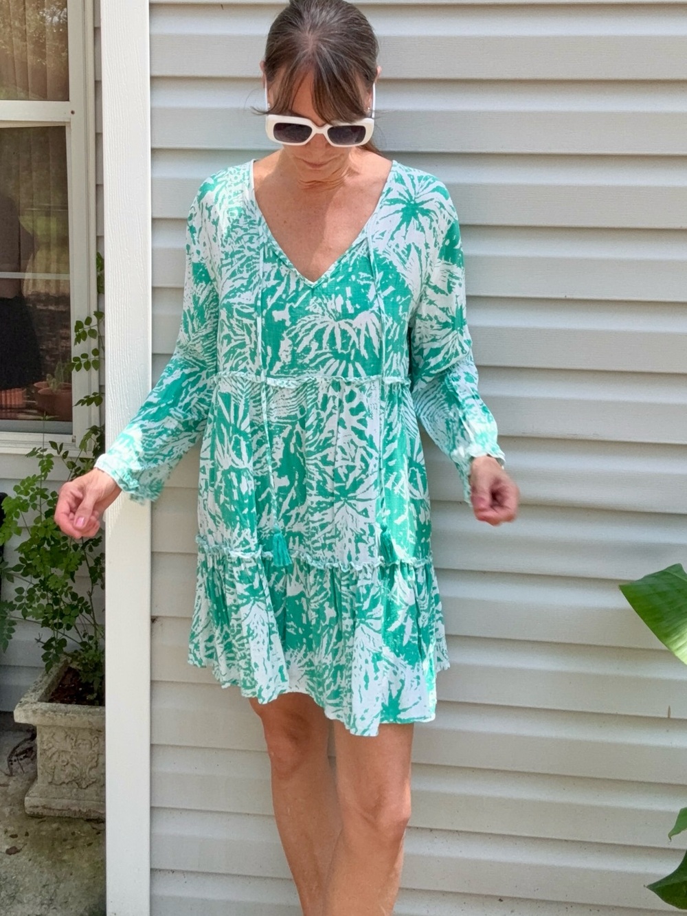 Blue Island Teal & White V-Neck Long Sleeve Tropical Print Dress